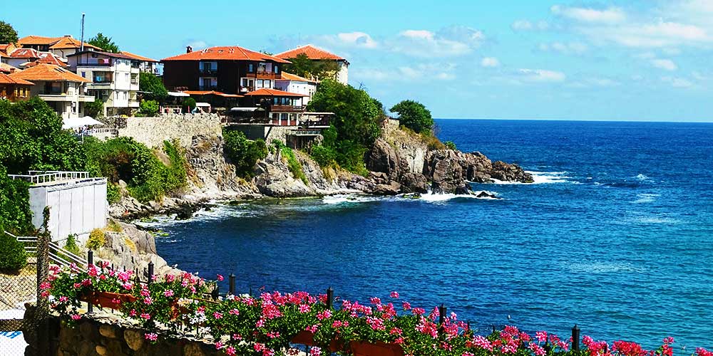 Panoramic view of Sozopol Old Town wooden houses on rocky peninsula